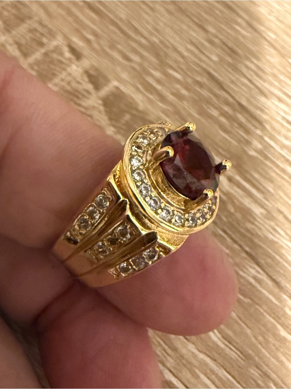 Gold-Tone Red Stone Halo Cocktail Ring